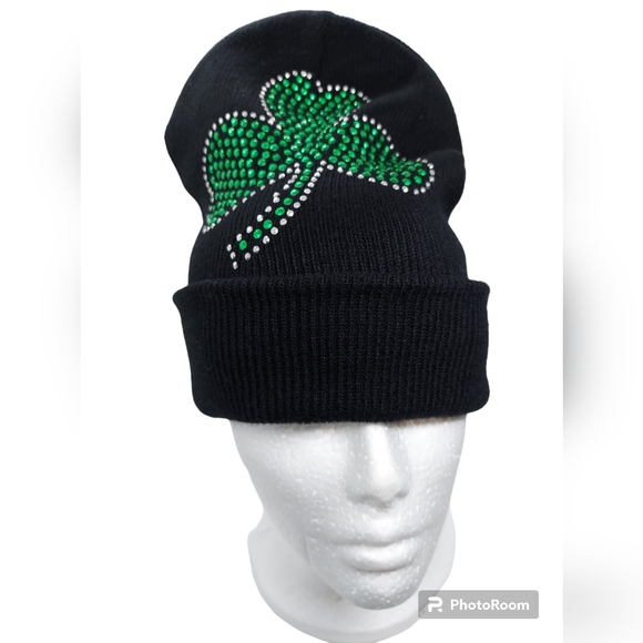 Black Knit Hat with Rhinestone Shamrock - Picture 7 of 8